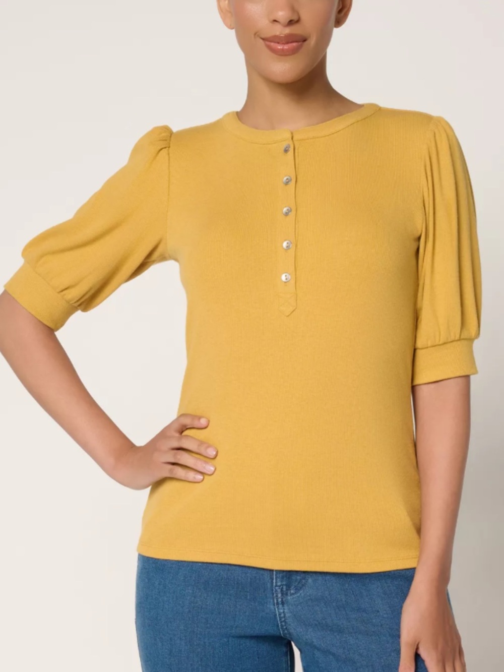 Women’s Mustard Short-Sleeve Button Henley Top